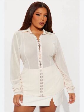 Fashion Nova Cream Sheer Hook-and-Eye Button Down Blouse